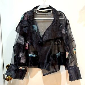 Heidi Daus Black Organza Sheer Jacket w Butterfly/Love Stamps